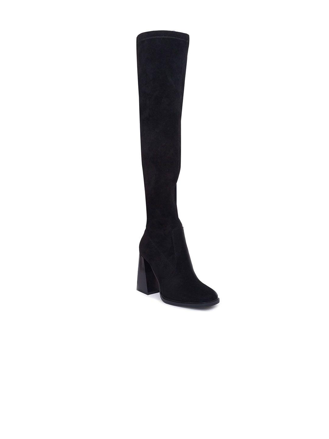 sole to soul black suede high-top block heeled boots