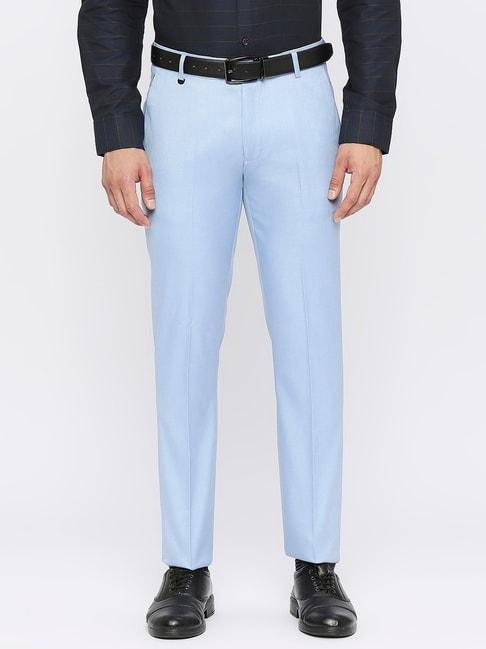 solemio sky blue slim fit flat front trousers