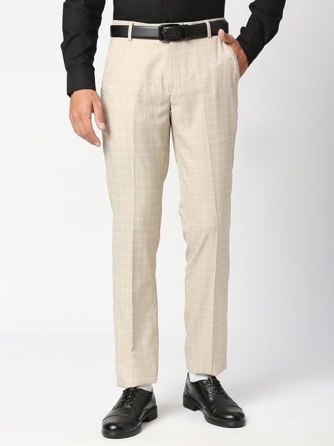 solemio beige slim fit check flat front trousers