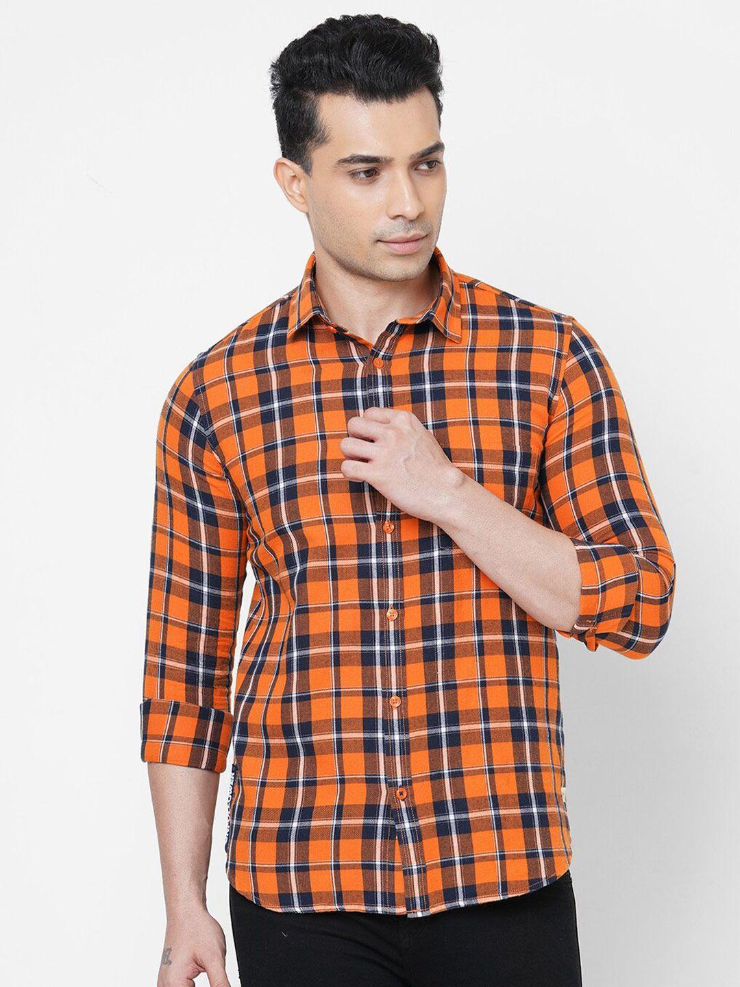 solemio men orange smart slim fit tartan checks checked casual shirt