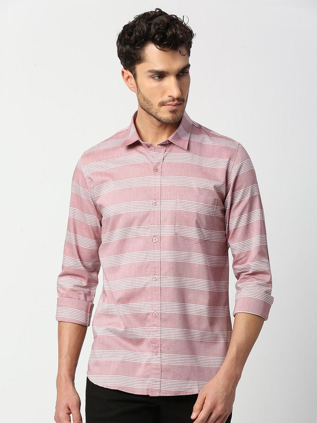 solemio men rust & white horizontal stripes india slim fit pure cotton casual shirt