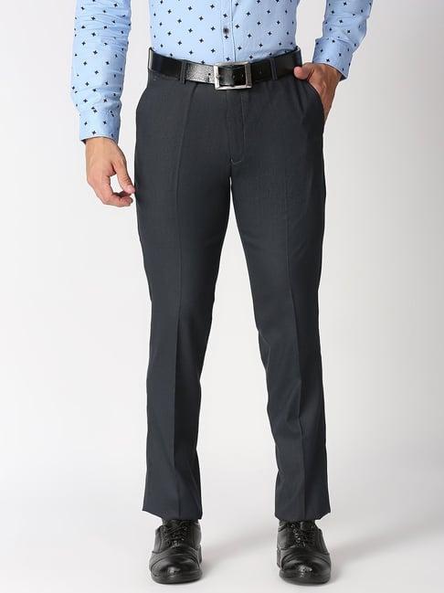 solemio navy regular fit textured flat front trousers