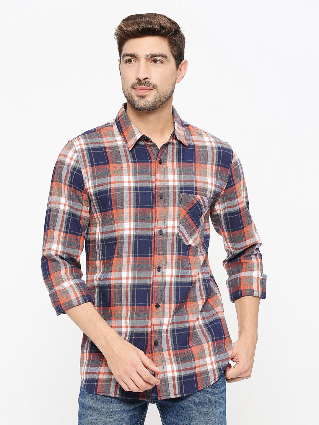 solemio tartan checked spread collar twill pure cotton slim fit casual shirt