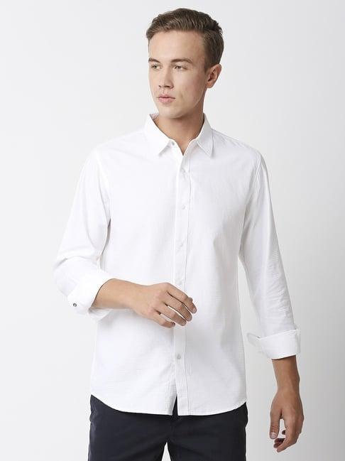 solemio white cotton slim fit self pattern shirt