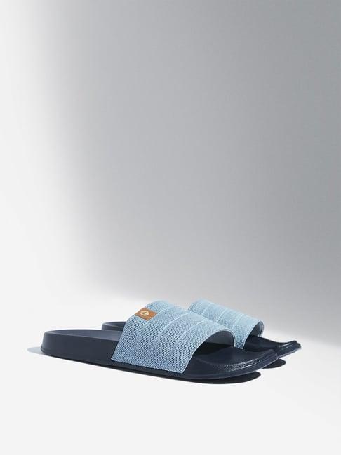 soleplay by westside blue knit-textured pool slides