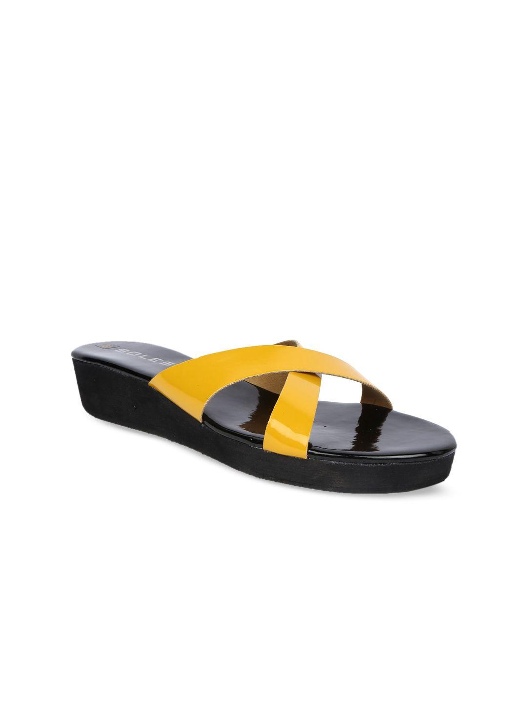 soles women yellow & black colourblocked flatform sandals