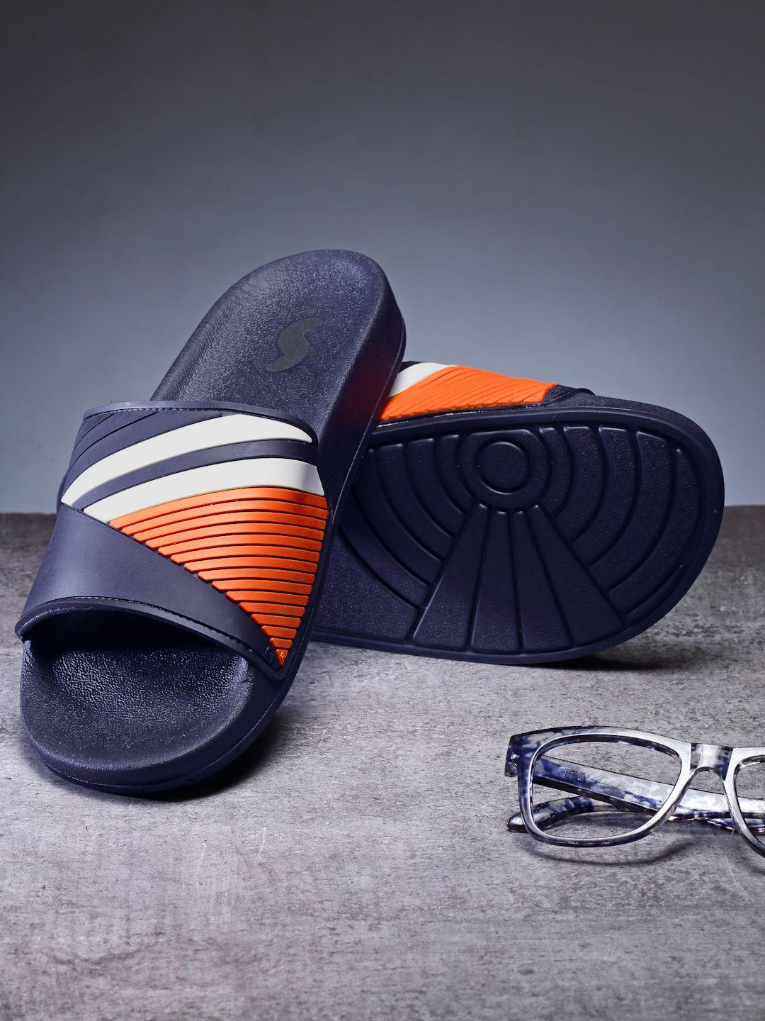 solethreads men navy blue & white colourblocked sliders