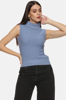 solid acrylic high neck womens top - blue