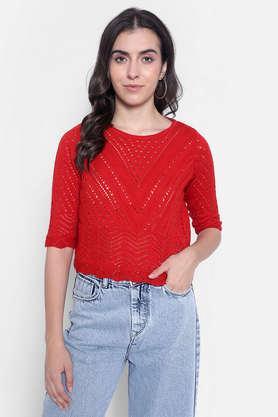solid acrylic round neck women's sweater - red