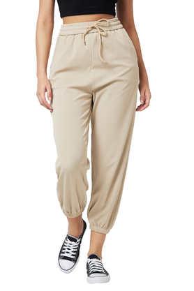 solid ankle length blended fabric women's joggers - natural