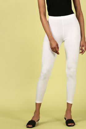 solid ankle length blended fabric women's leggings - white