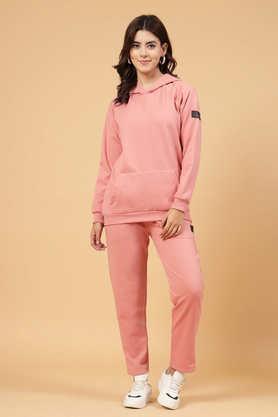 solid ankle length cotton knitted women's co-ord set - pink