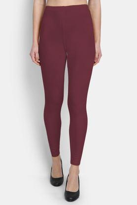 solid ankle length cotton women's leggings - maroon