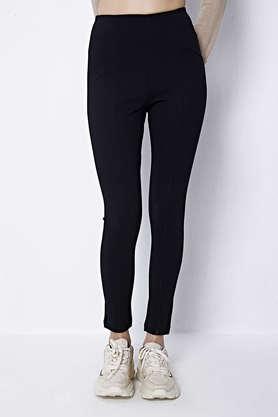 solid ankle length rayon blend women's leggings - black
