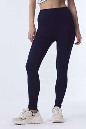 solid ankle length rayon blend women's leggings - navy