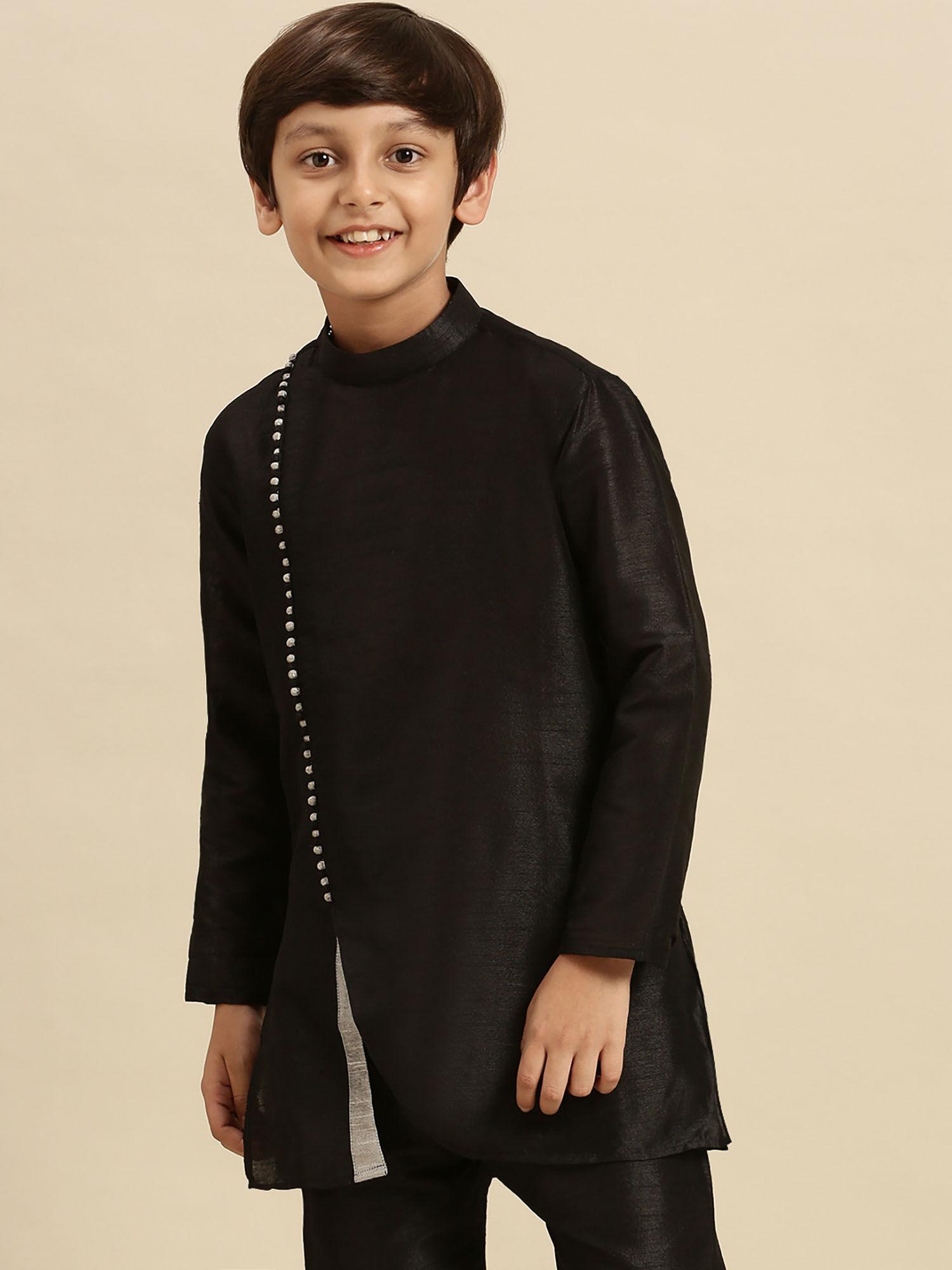solid black art silk kurta for boys