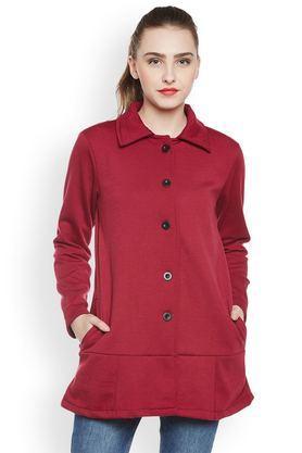 solid blended collared women's coat - maroon