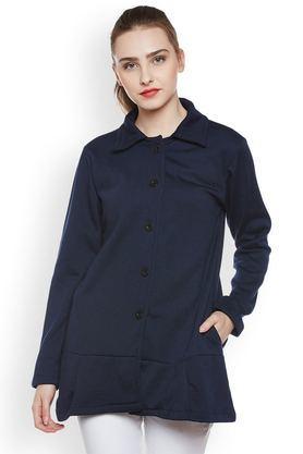 solid blended collared women's coat - navy