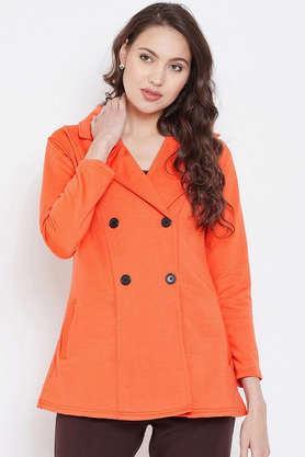 solid blended collared women's coat - orange