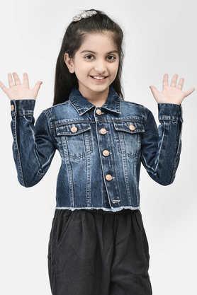 solid blended fabric collared girls jacket - blue