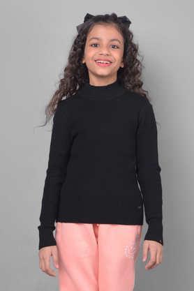 solid blended fabric high neck girls sweater - black