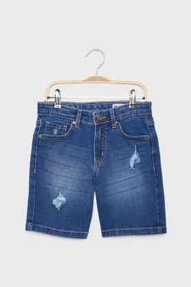solid blended fabric regular fit boys shorts - dark indigo