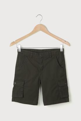 solid blended fabric regular fit boys shorts - olive