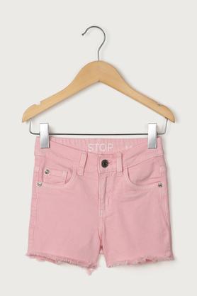 solid blended fabric regular fit girls shorts - pink