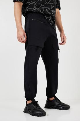 solid blended fabric regular fit men's joggers - black