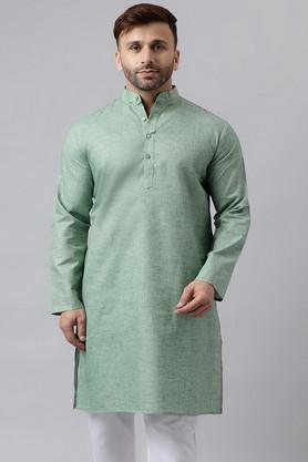 solid blended fabric regular fit men's kurta - green