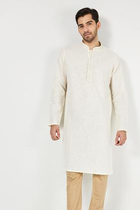 solid blended fabric regular fit men's kurta - off white