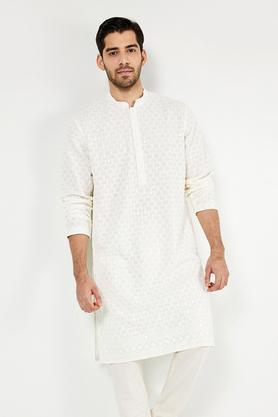 solid blended fabric regular fit men's kurta - white
