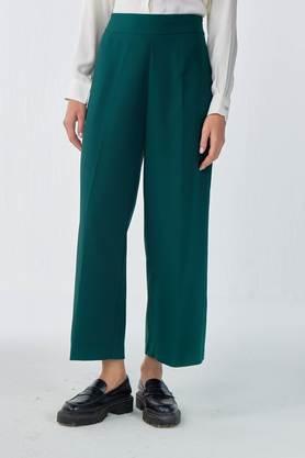 solid blended fabric regular fit women's trouser - green
