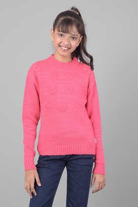 solid blended fabric round neck girls sweater - pink