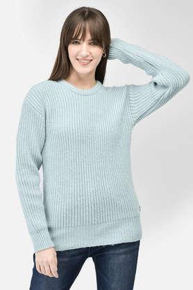 solid blended fabric round neck women's sweater - blue
