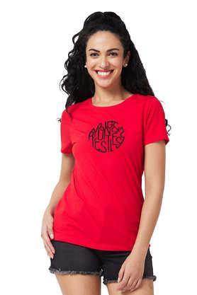 solid blended fabric round neck women's t-shirt - red