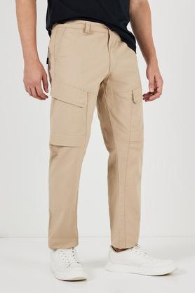 solid blended fabric slim fit men's cargo pant - natural