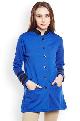 solid blended high neck women's coat - blue