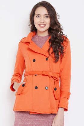 solid blended high neck women's coat - orange