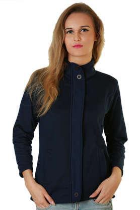solid blended high neck women's jacket - blue
