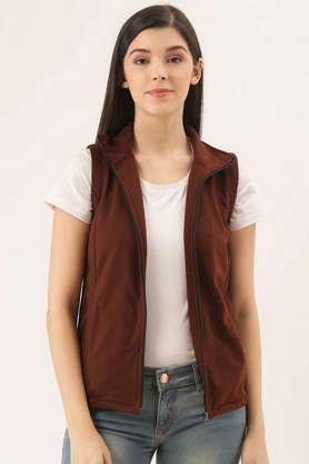 solid blended high neck women's jacket - brown