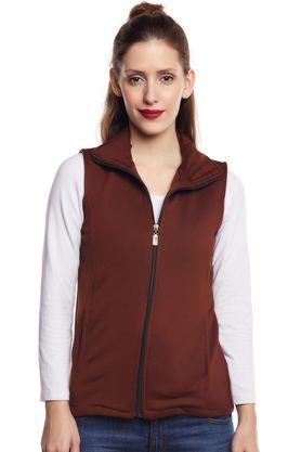 solid blended high neck women's jacket - brown