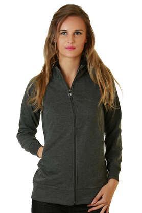 solid blended high neck women's jacket - dark grey