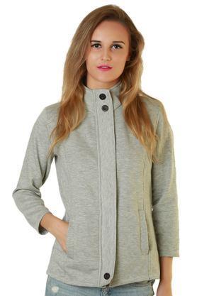 solid blended high neck women's jacket - grey