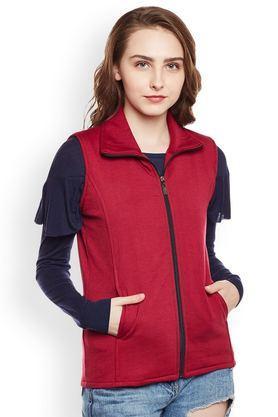 solid blended high neck women's jacket - maroon