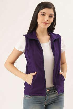 solid blended high neck women's jacket - purple