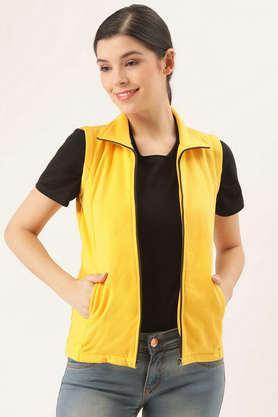 solid blended high neck women's jacket - yellow