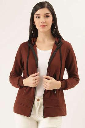 solid blended hooded women's jacket - brown