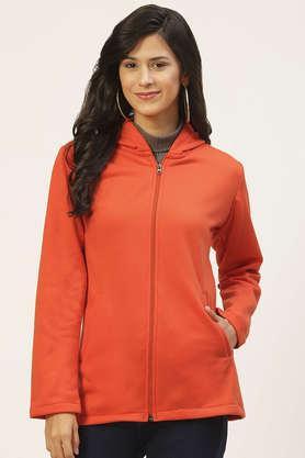 solid blended hooded women's jacket - orange
