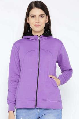 solid blended hooded women's jacket - violet
